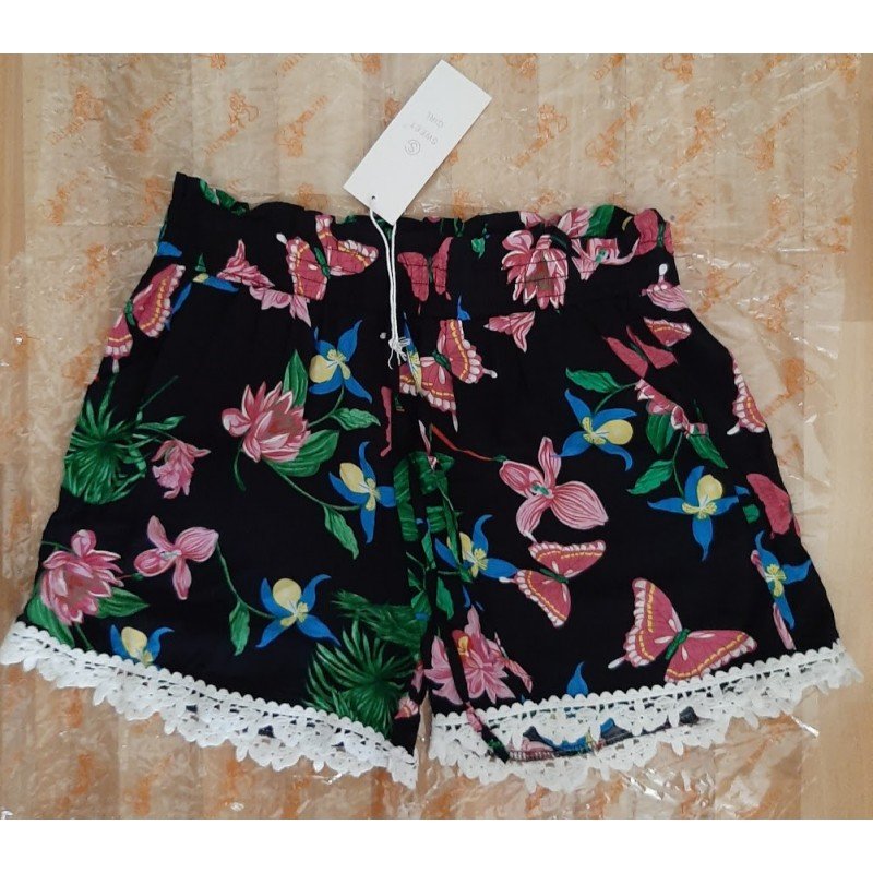 Damesbroek - Damesshort zwart roze/gele bloemen