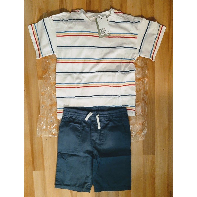 Boys set: boys striped T-shirt and dark blue shorts