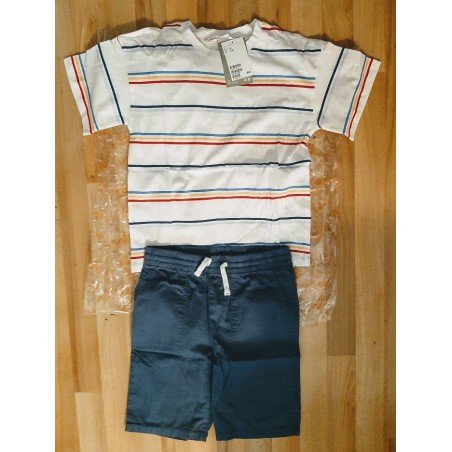 Boys set: boys striped T-shirt and dark blue shorts