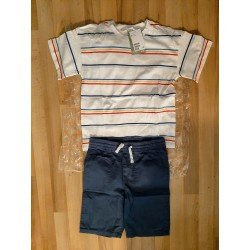 Jongensset: jongens T-shirt gestreept en short donkerblauw