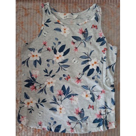 Blouse / Tanktop grijs met donkerblauwe bloemen