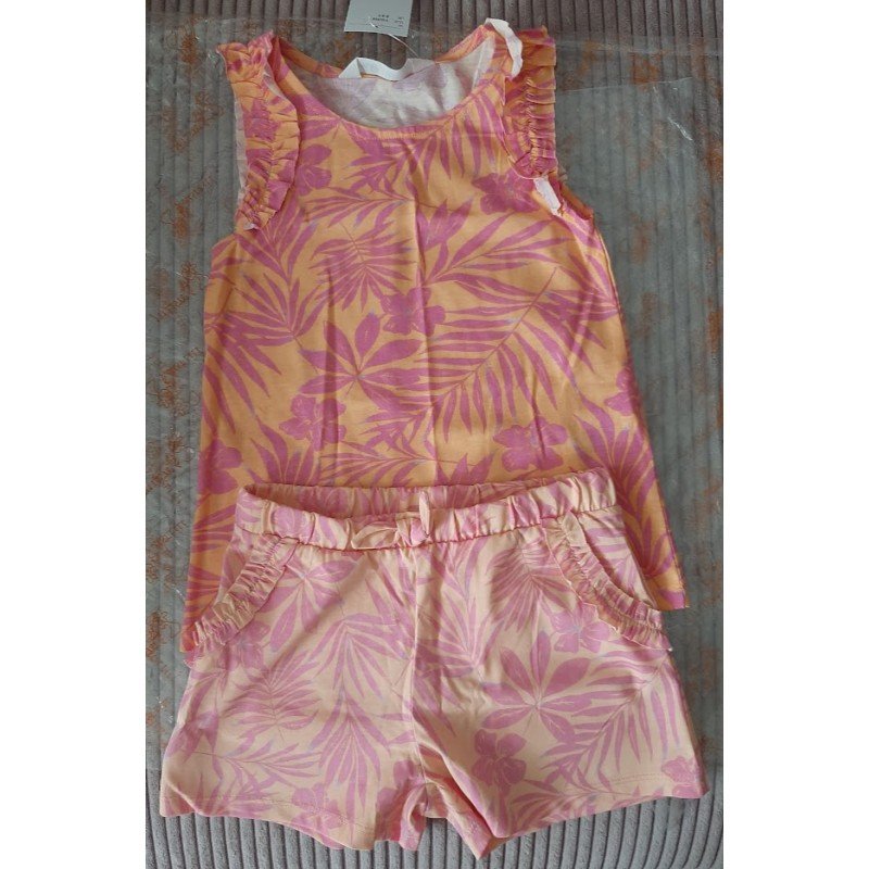 Meisjesset: Meisjes blouse met stroken en short oranje/roze/geel