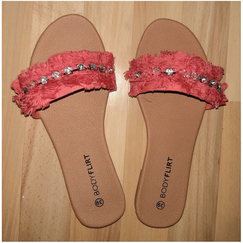 Ladies slippers coral pink with pearls and frayed edges