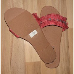 Ladies slippers coral pink with pearls and frayed edges