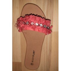 Ladies slippers coral pink with pearls and frayed edges